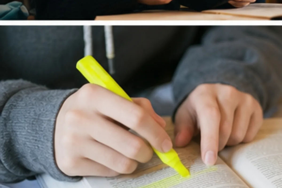 Tangan menandai ide pokok pada buku bacaan dengan stabilo dan pena